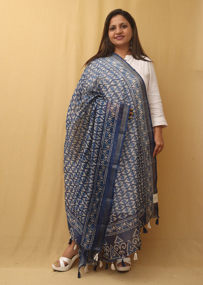 Blue Block Printed Chanderi Silk Dupatta - divyaindia 