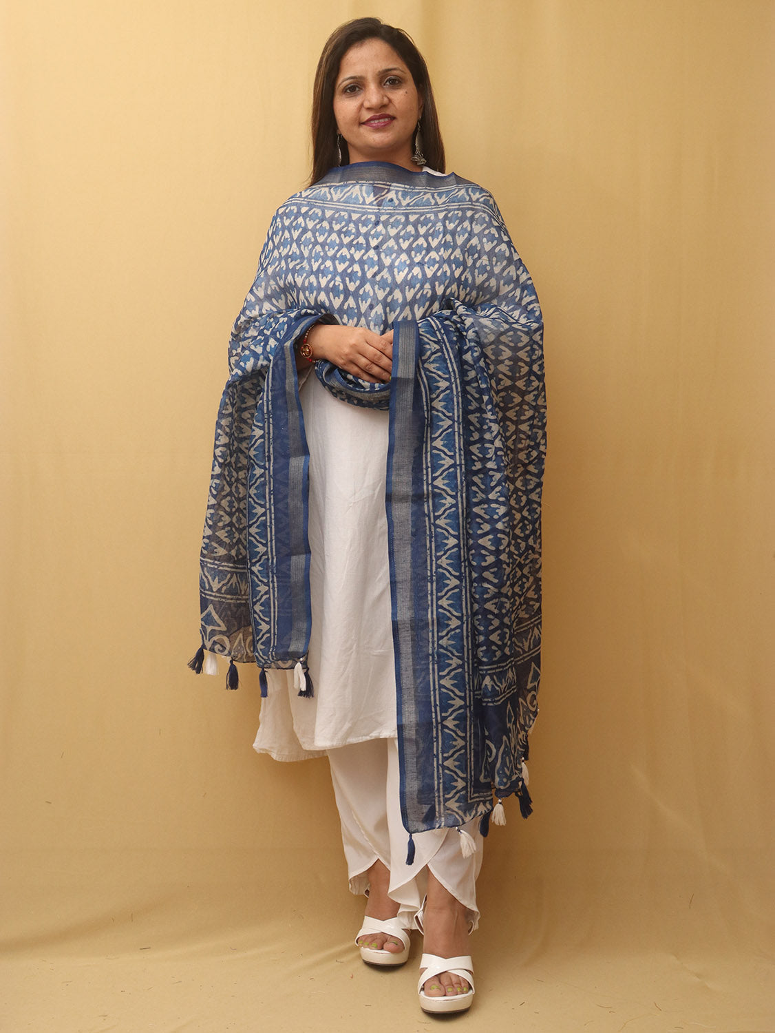 Blue Block Printed Chanderi Silk Dupatta - divyaindia 