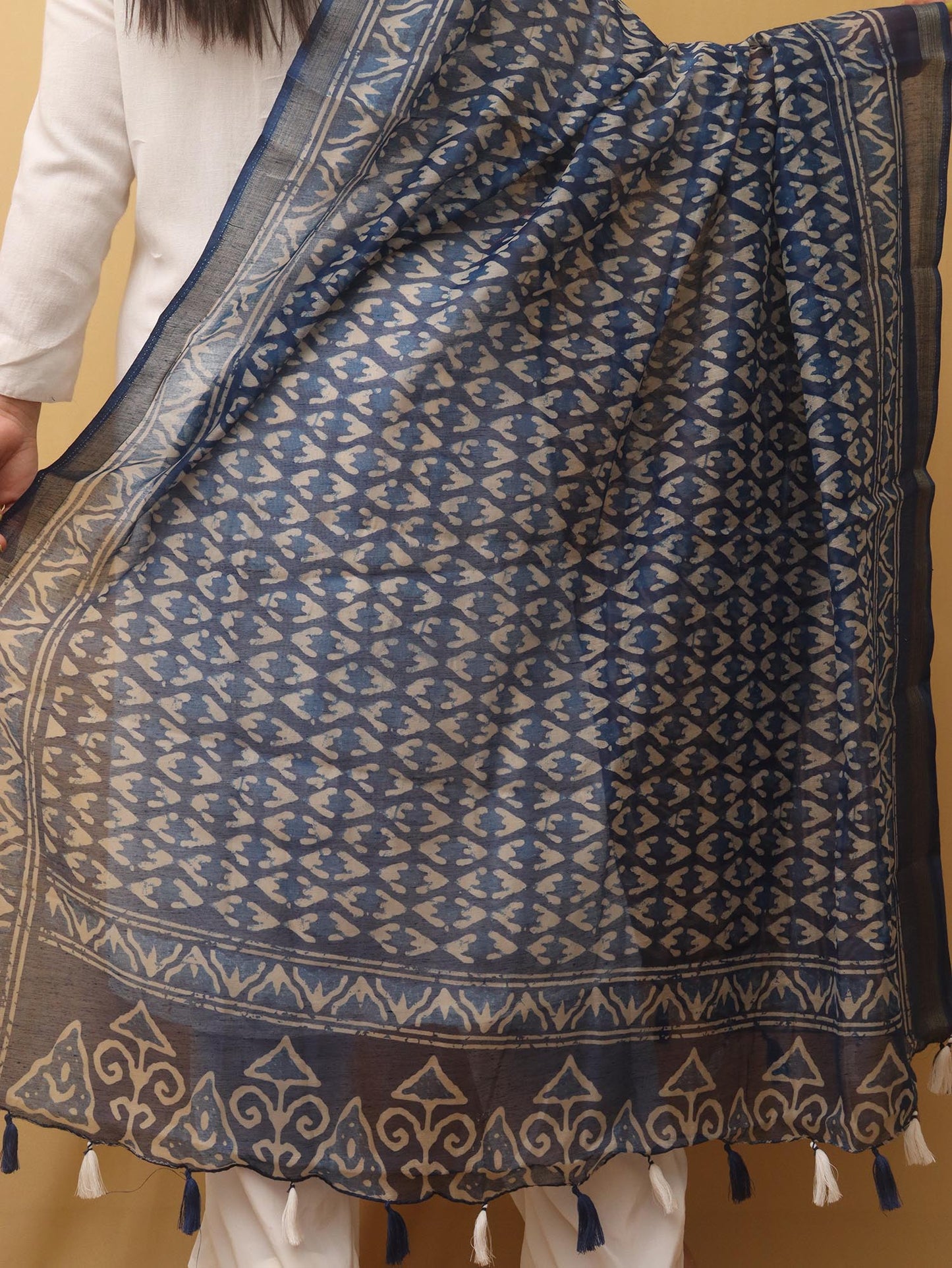 Blue Block Printed Chanderi Silk Dupatta - divyaindia 