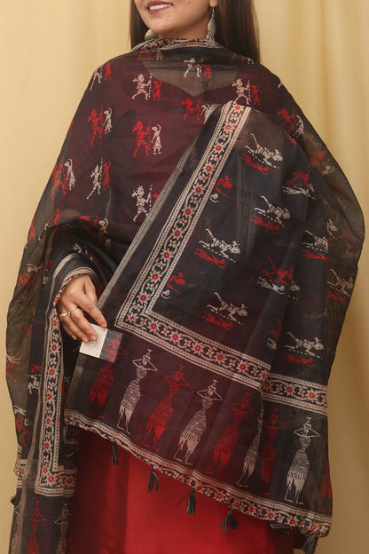 Elegant Black Block Printed Silk Dupatta