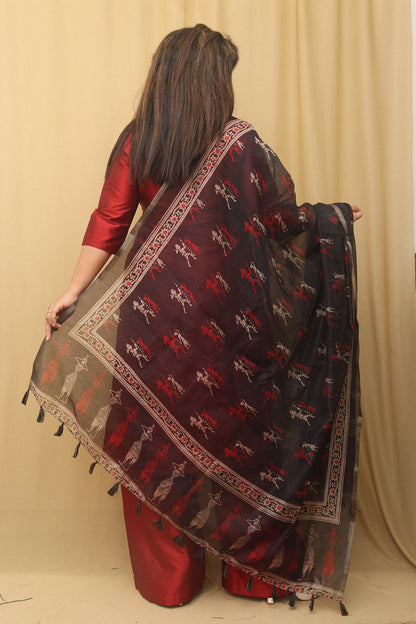 Elegant Black Block Printed Silk Dupatta