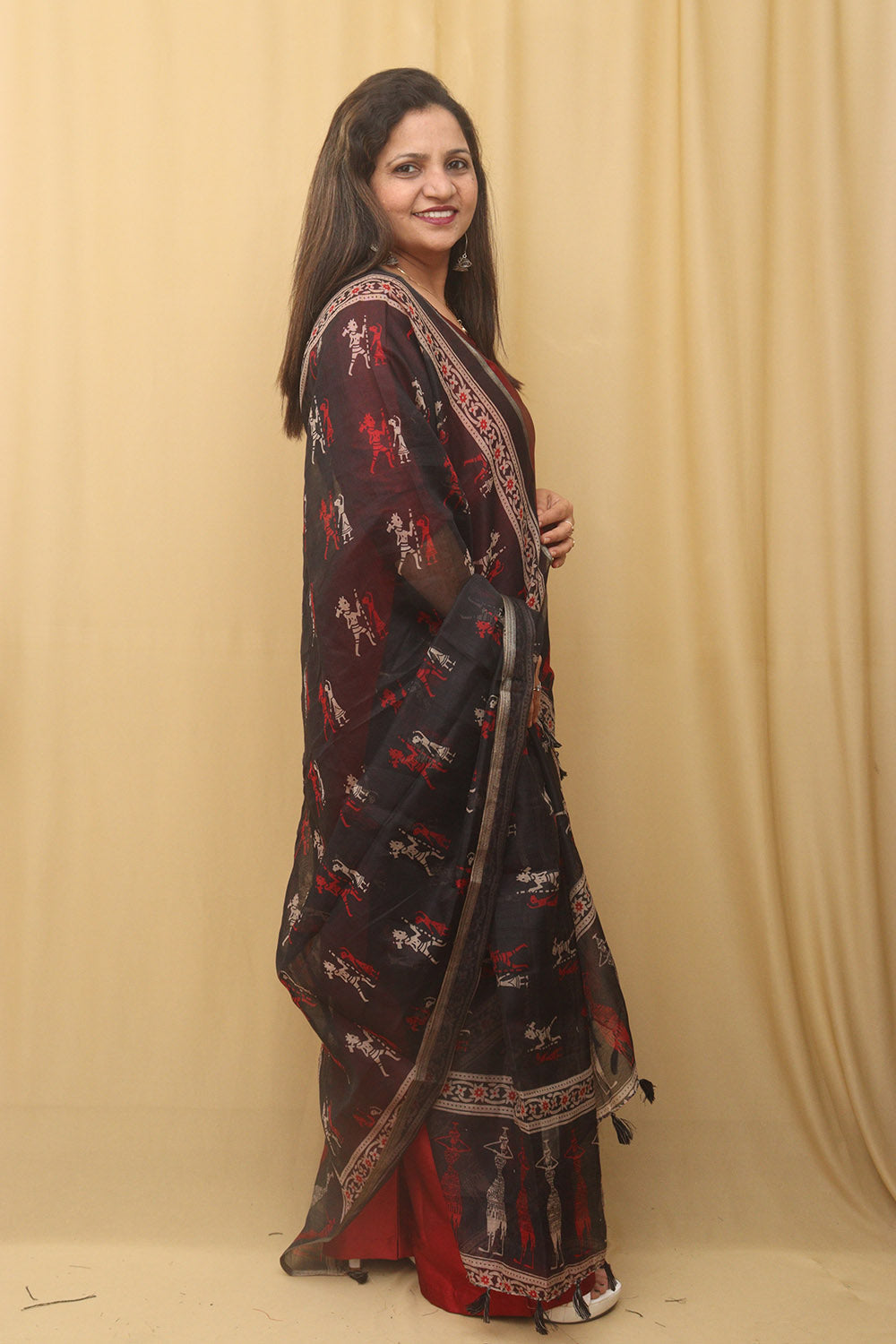 Elegant Black Block Printed Silk Dupatta