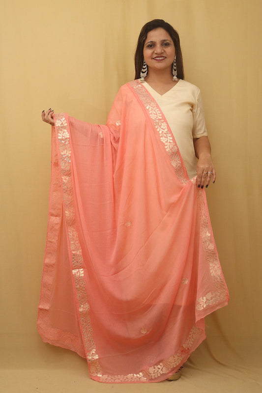 Peach Gota Patti Work Chiffon Dupatta - divyaindia 