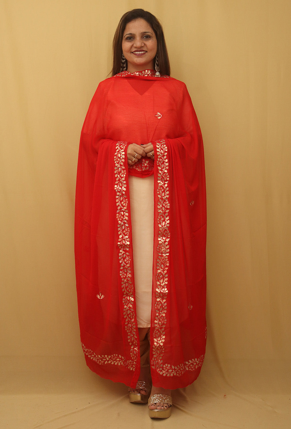 Red Gota Patti Work Chiffon Dupatta - divyaindia 