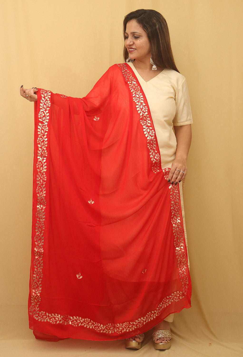 Red Gota Patti Work Chiffon Dupatta - divyaindia 