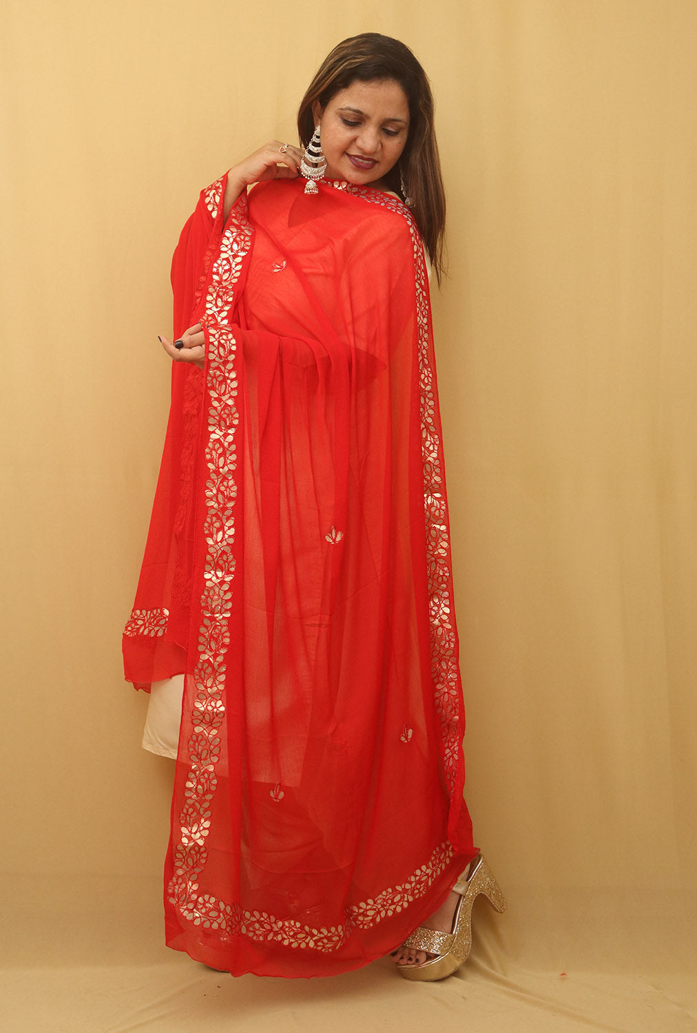 Red Gota Patti Work Chiffon Dupatta - divyaindia 