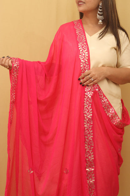 Pink Gota Patti Work Chiffon Dupatta - divyaindia 