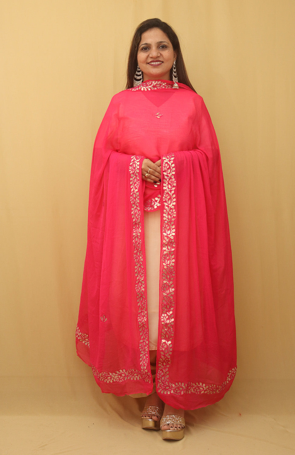 Pink Gota Patti Work Chiffon Dupatta - divyaindia 