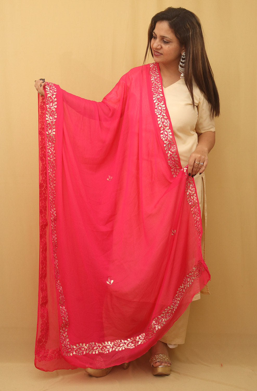 Pink Gota Patti Work Chiffon Dupatta - divyaindia 