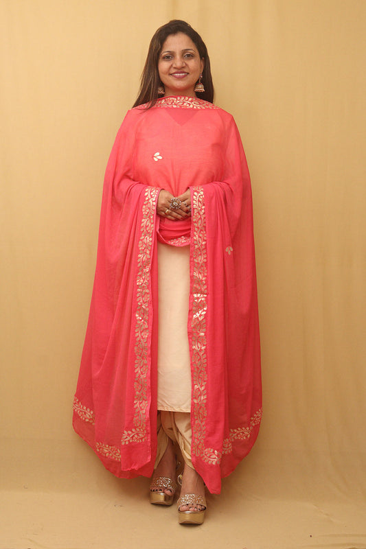 Pink Gota Patti Work Chiffon Dupatta - divyaindia 