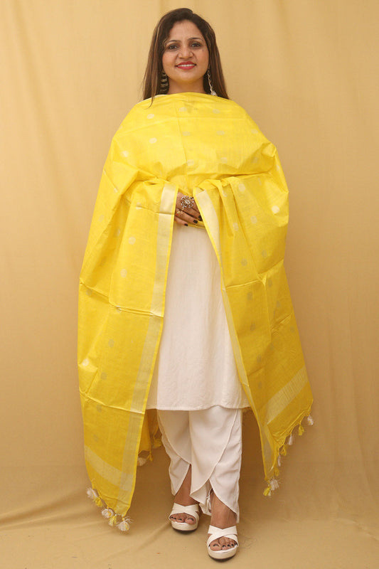 Yellow Bhagalpur Handloom Linen Cotton Dupatta - divyaindia 