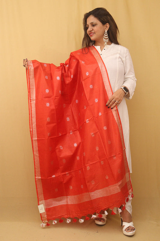 Red Bhagalpur Handloom Linen Cotton Dupatta - divyaindia 