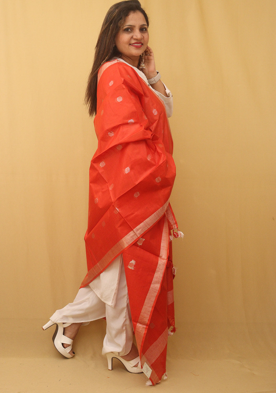 Red Bhagalpur Handloom Linen Cotton Dupatta - divyaindia 