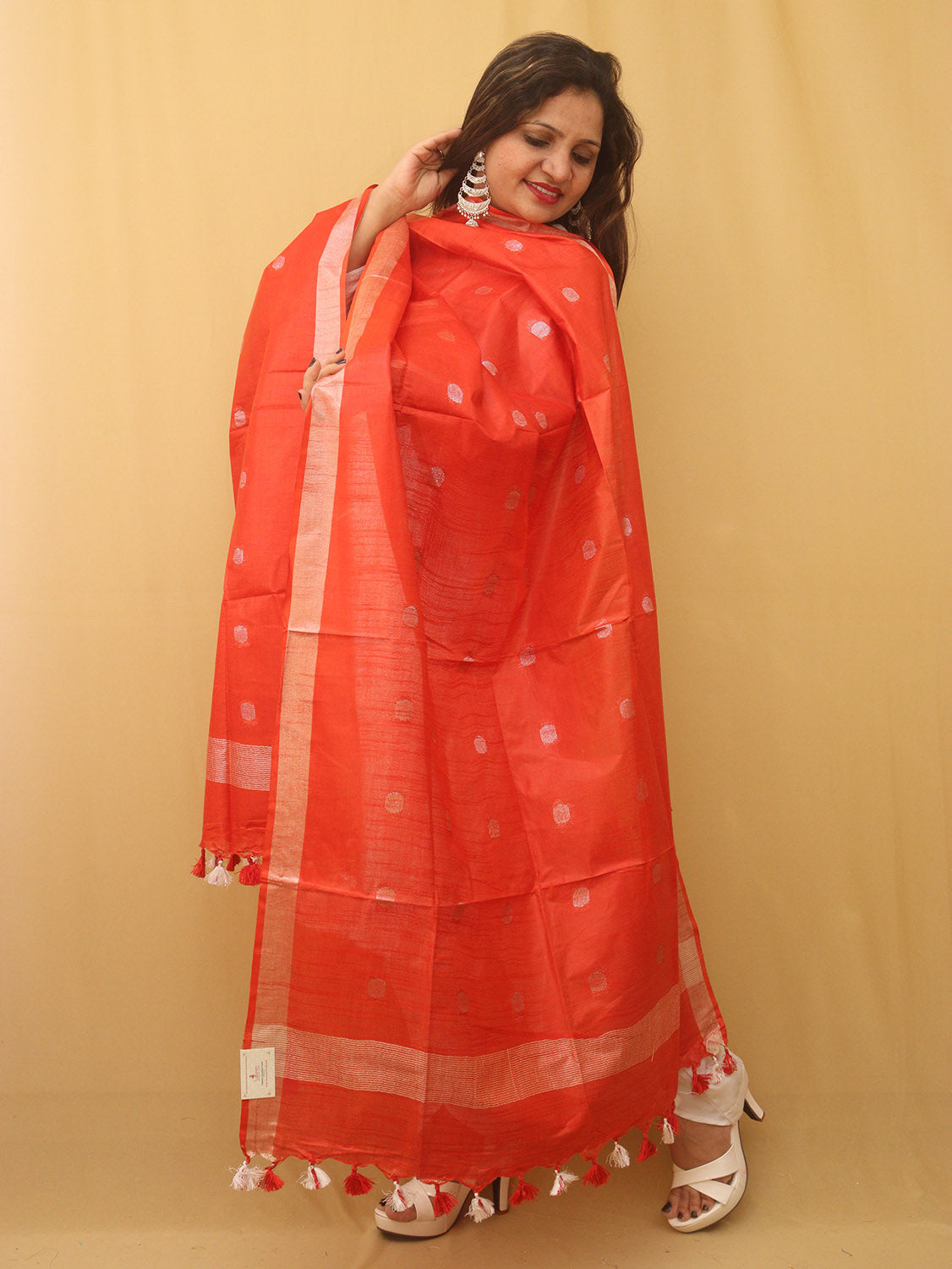 Red Bhagalpur Handloom Linen Cotton Dupatta - divyaindia 