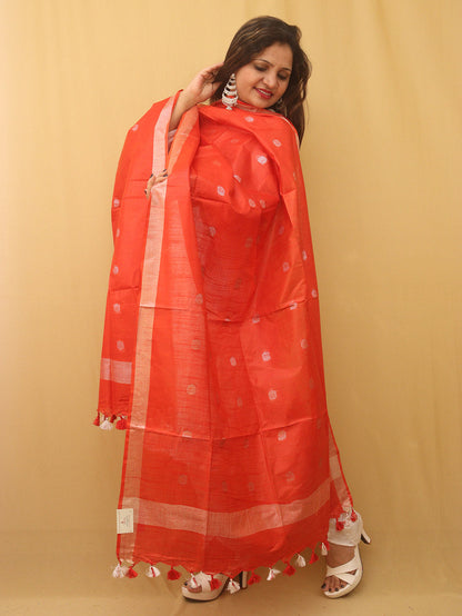 Red Bhagalpur Handloom Linen Cotton Dupatta - divyaindia 