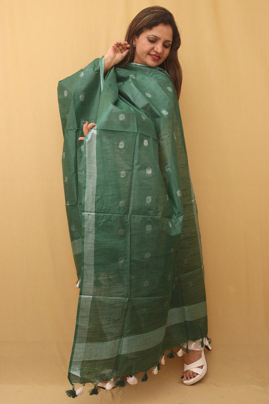 Green Bhagalpur Handloom Linen Cotton Dupatta - divyaindia 