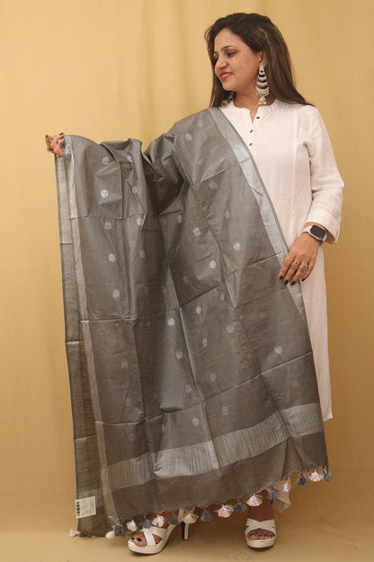 Grey Bhagalpur Handloom Linen Cotton Dupatta - divyaindia 