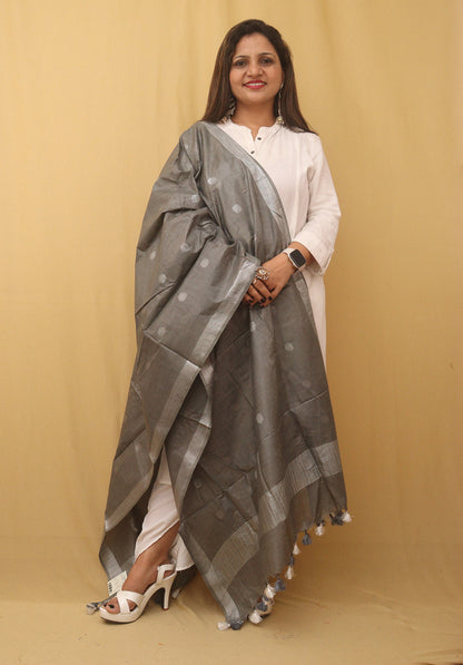 Grey Bhagalpur Handloom Linen Cotton Dupatta - divyaindia 