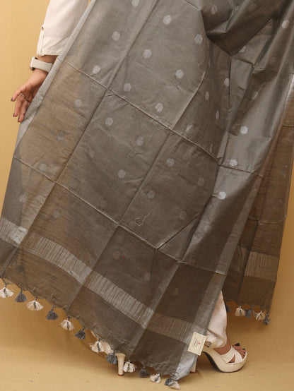 Grey Bhagalpur Handloom Linen Cotton Dupatta - divyaindia 