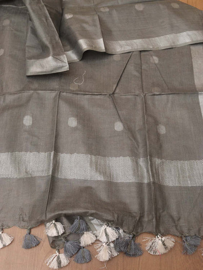 Grey Bhagalpur Handloom Linen Cotton Dupatta - divyaindia 