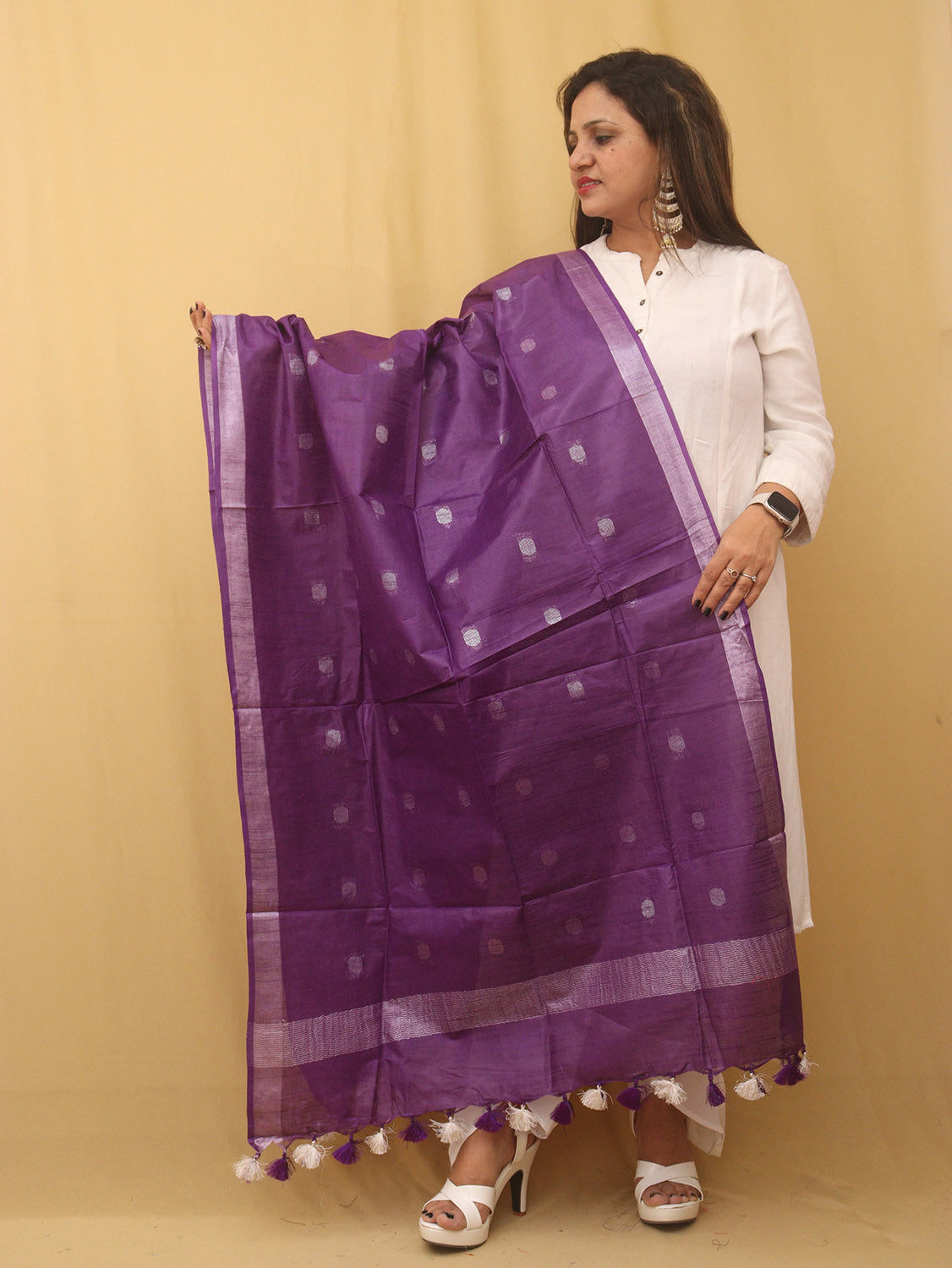 Purple Bhagalpur Handloom Linen Cotton Dupatta - divyaindia 