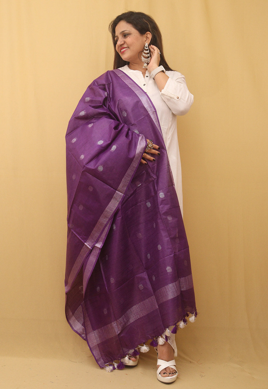 Purple Bhagalpur Handloom Linen Cotton Dupatta - divyaindia 