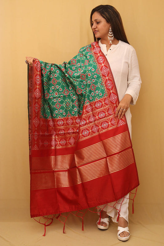 Green Patola Silk Dupatta - divyaindia 