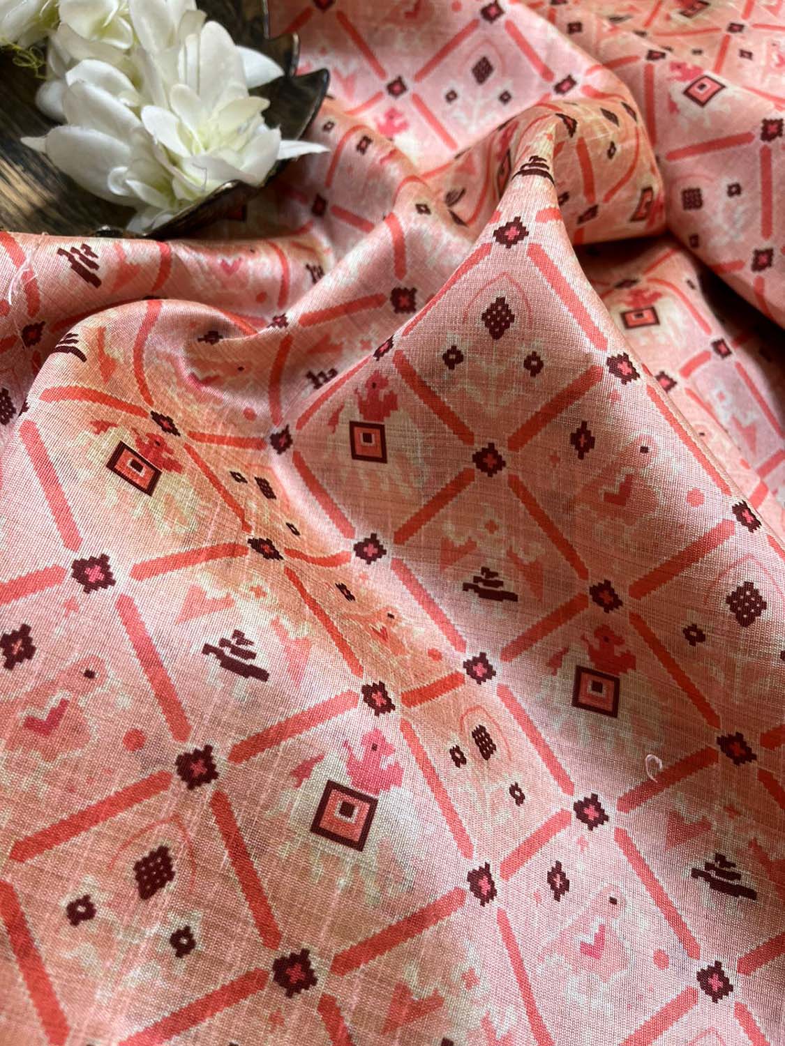 Pink Digital Printed Patola Design Tussar Silk Fabric ( 1 Mtr ) - divyaindia 