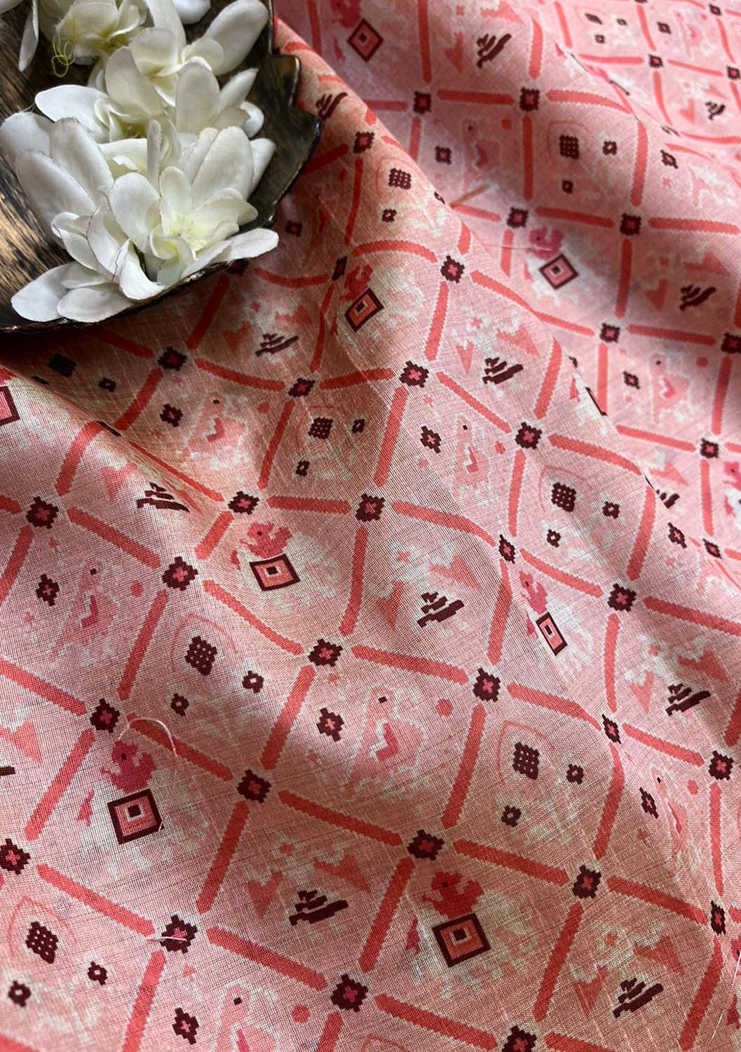 Pink Digital Printed Patola Design Tussar Silk Fabric ( 1 Mtr ) - divyaindia 