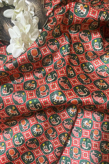 Red Digital Printed Patola Design Tussar Silk Fabric ( 1 Mtr ) - divyaindia 