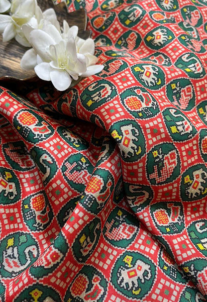 Red Digital Printed Patola Design Tussar Silk Fabric ( 1 Mtr ) - divyaindia 