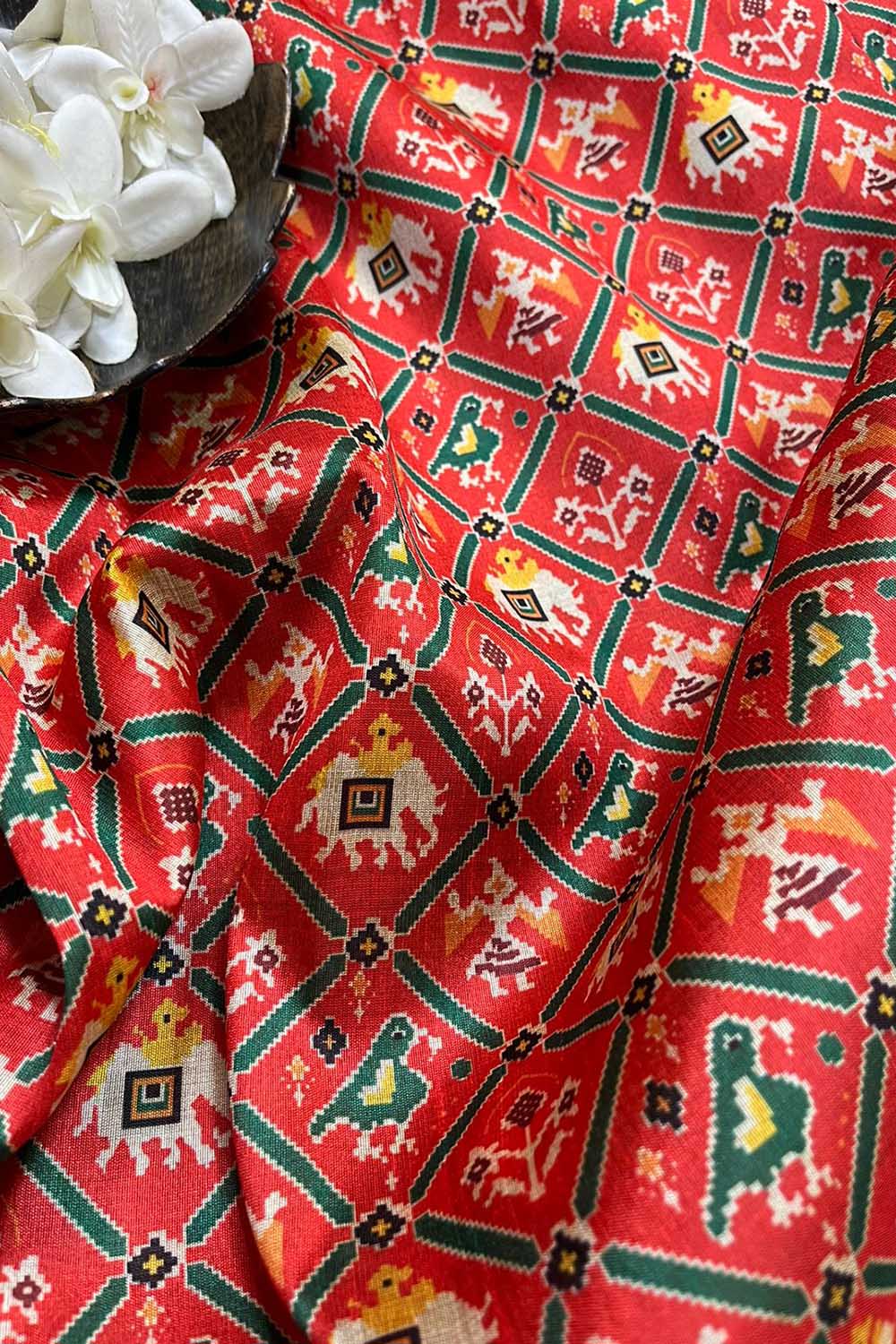 Red Digital Printed Patola Design Tussar Silk Fabric ( 1 Mtr ) - divyaindia 