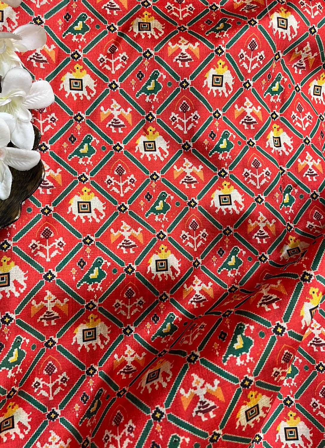 Red Digital Printed Patola Design Tussar Silk Fabric ( 1 Mtr ) - divyaindia 