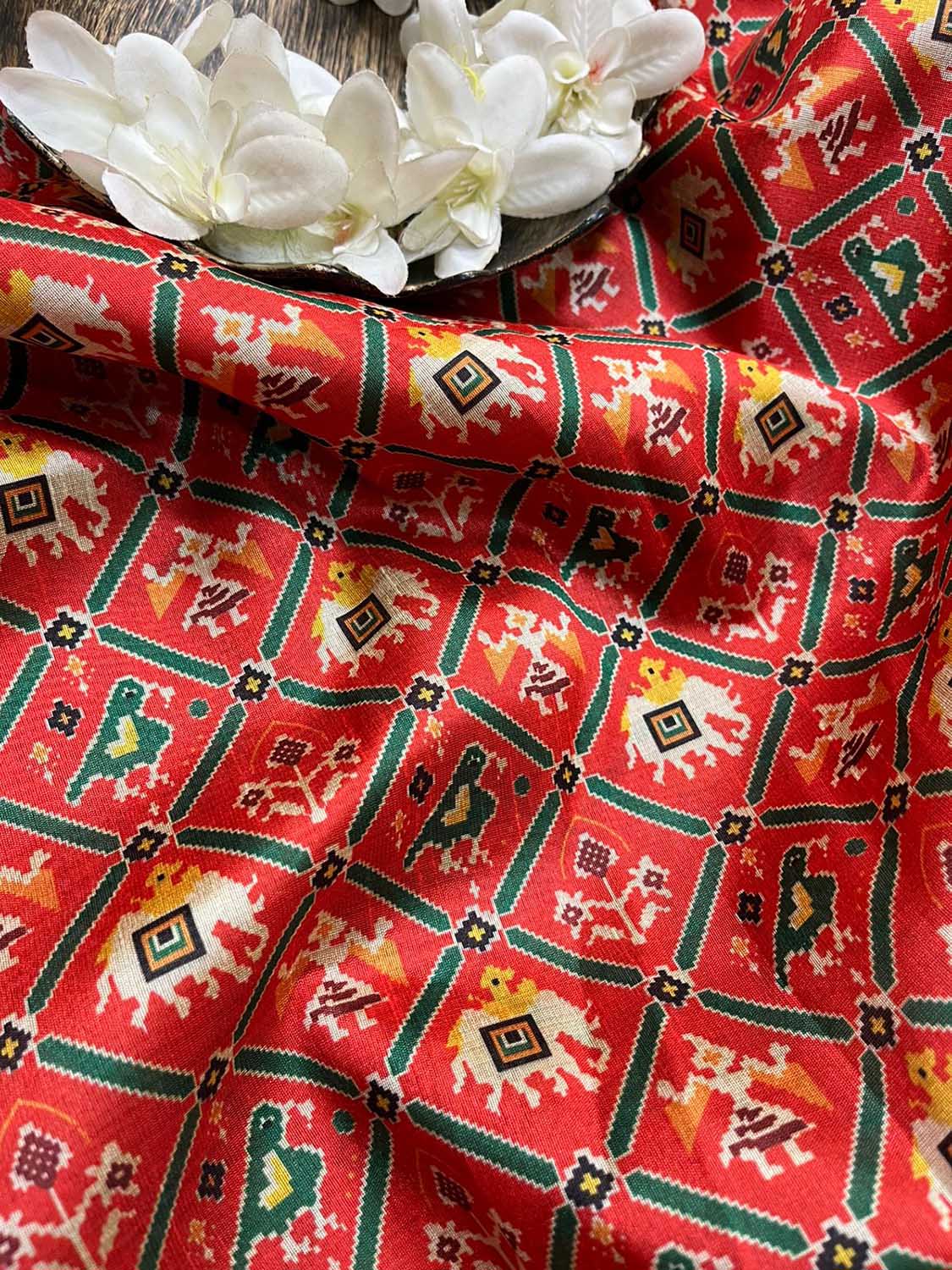 Red Digital Printed Patola Design Tussar Silk Fabric ( 1 Mtr ) - divyaindia 