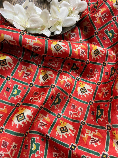 Red Digital Printed Patola Design Tussar Silk Fabric ( 1 Mtr ) - divyaindia 