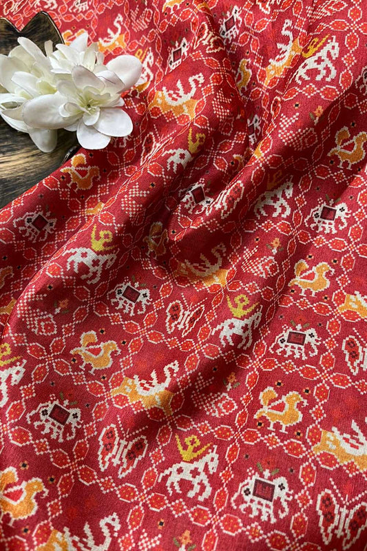Red Digital Printed Patola Design Tussar Silk Fabric ( 1 Mtr ) - divyaindia 