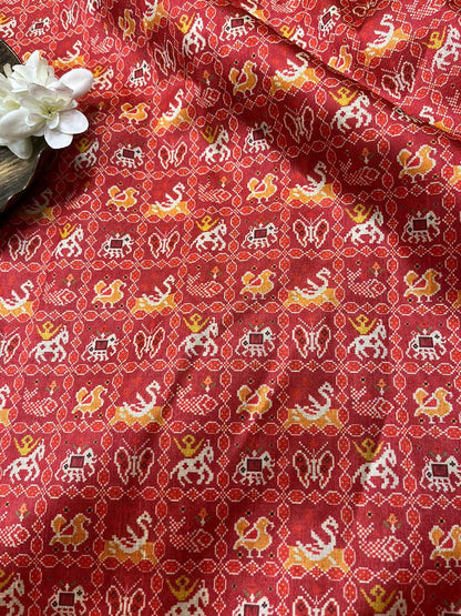 Red Digital Printed Patola Design Tussar Silk Fabric ( 1 Mtr ) - divyaindia 