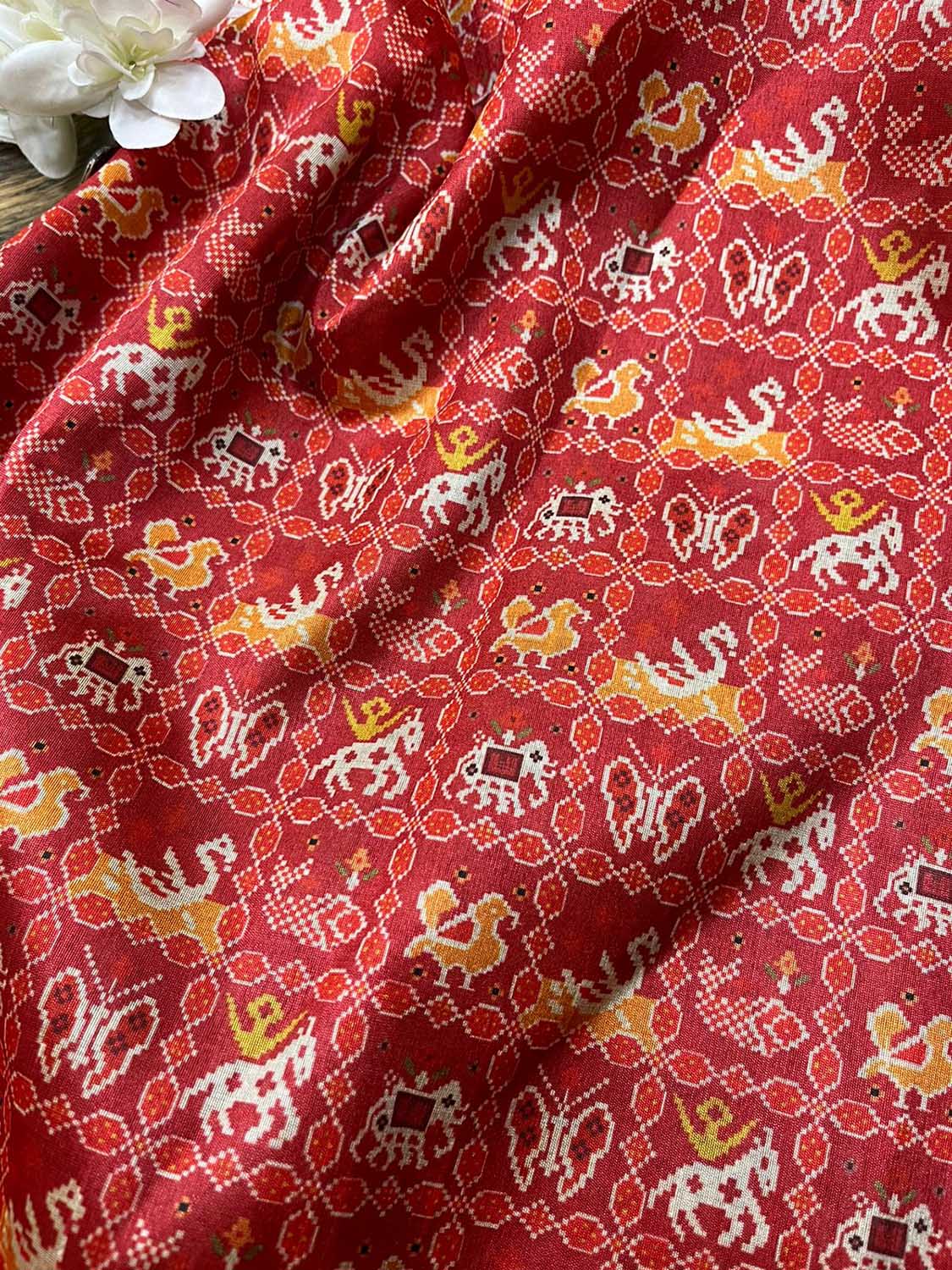 Red Digital Printed Patola Design Tussar Silk Fabric ( 1 Mtr ) - divyaindia 