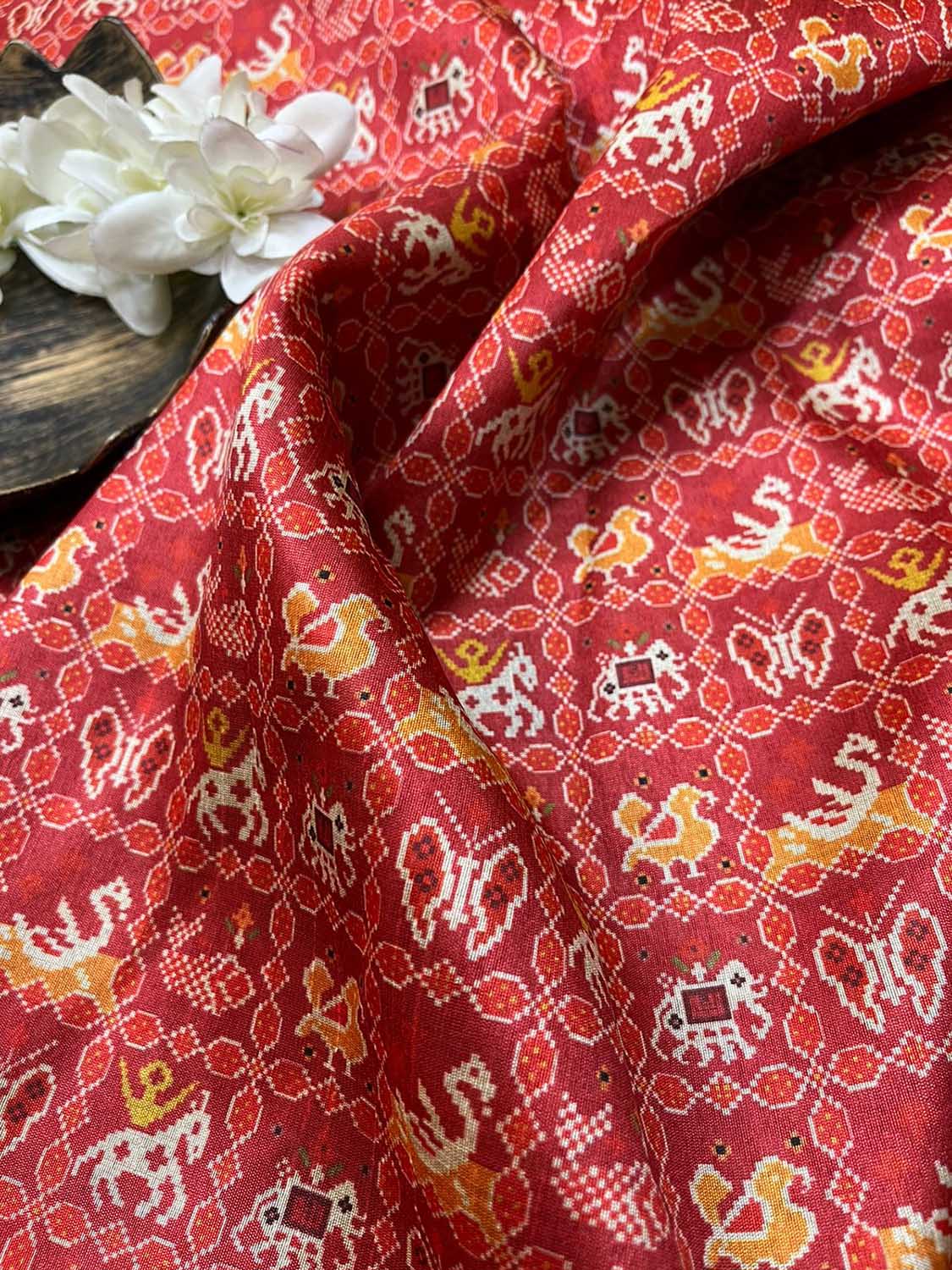 Red Digital Printed Patola Design Tussar Silk Fabric ( 1 Mtr ) - divyaindia 