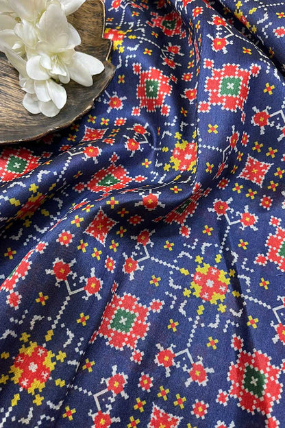 Blue Digital Printed Patola Design Tussar Silk Fabric ( 1 Mtr ) - divyaindia 