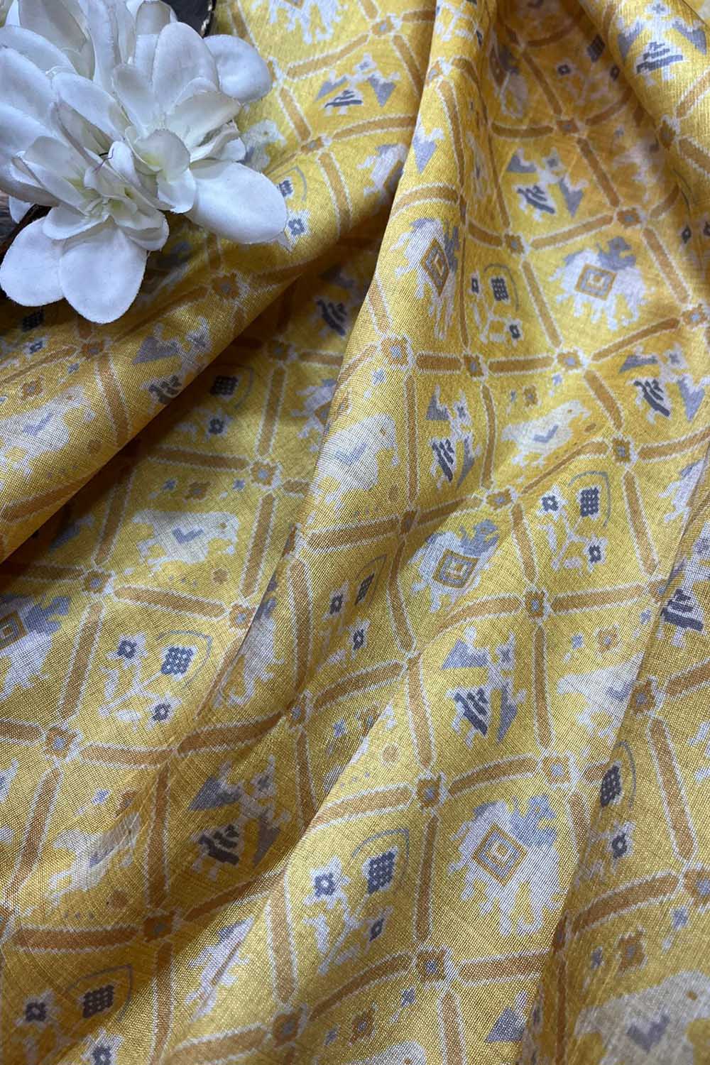 Yellow Digital Printed Patola Design Tussar Silk Fabric ( 1 Mtr ) - divyaindia 