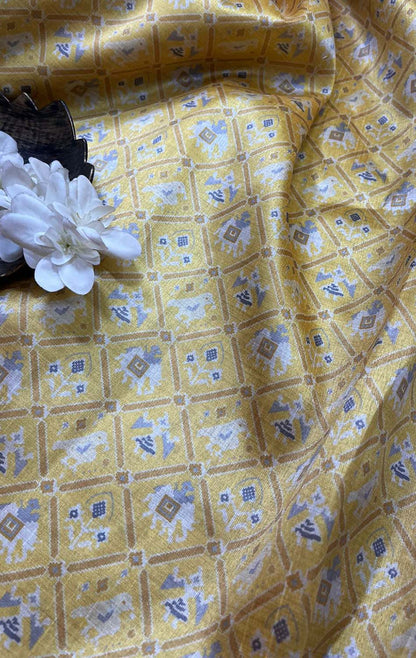 Yellow Digital Printed Patola Design Tussar Silk Fabric ( 1 Mtr ) - divyaindia 