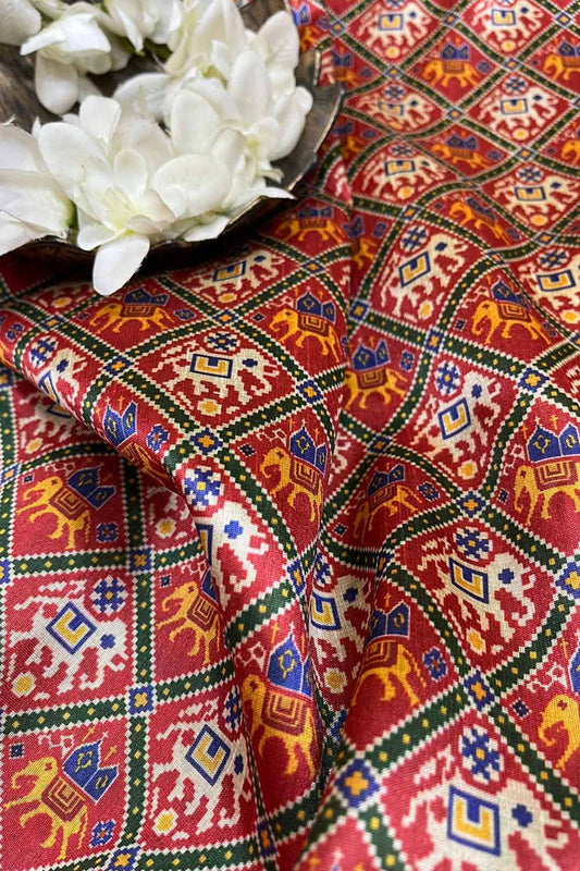Red Digital Printed Patola Design Tussar Silk Fabric ( 1 Mtr ) - divyaindia 
