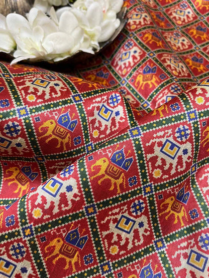 Red Digital Printed Patola Design Tussar Silk Fabric ( 1 Mtr ) - divyaindia 