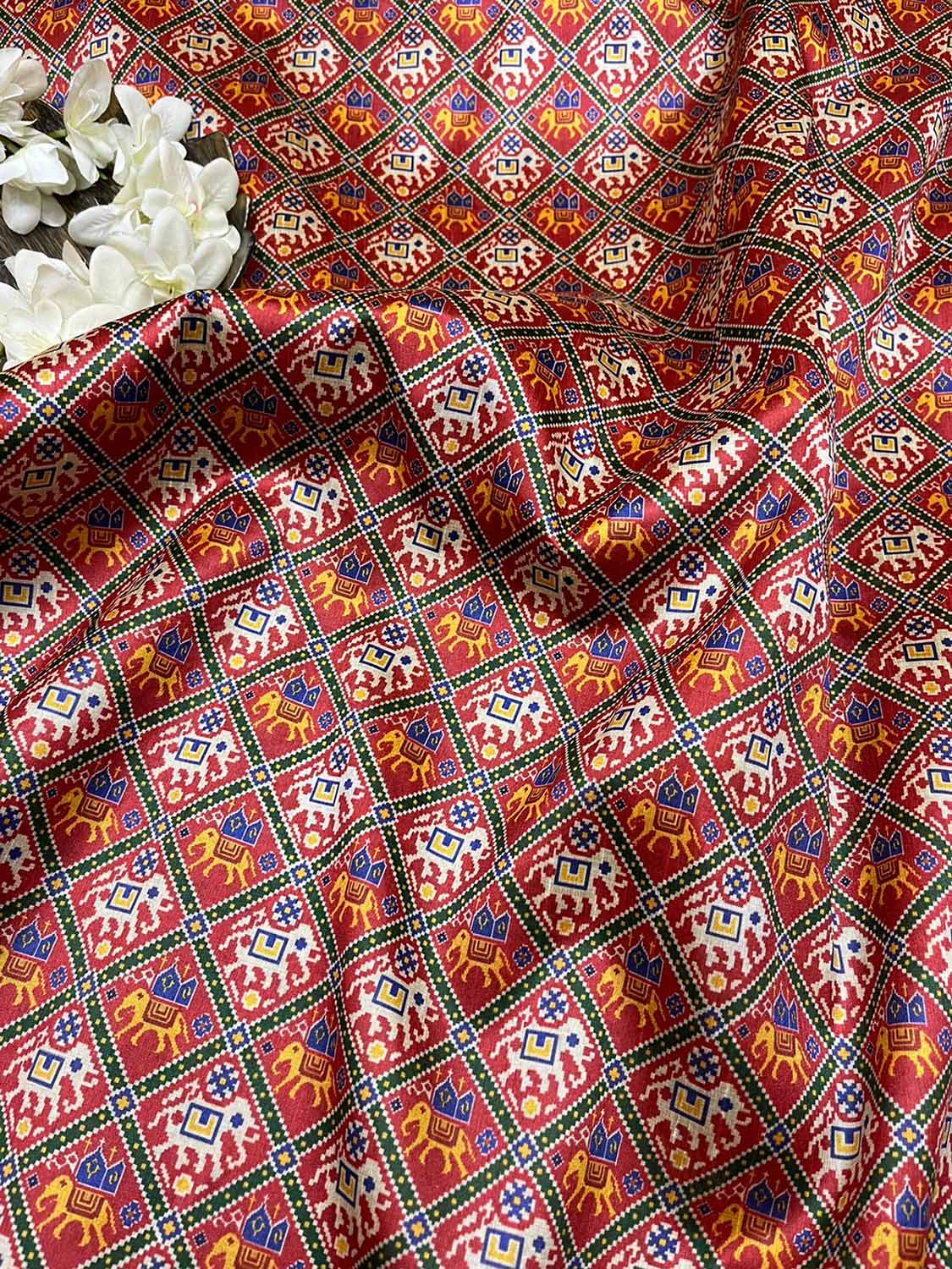 Red Digital Printed Patola Design Tussar Silk Fabric ( 1 Mtr ) - divyaindia 