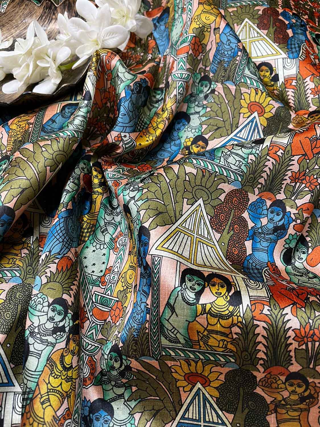 Multicolor Vibrant Kalamkari Tussar Silk Fabric - 1 Mtr