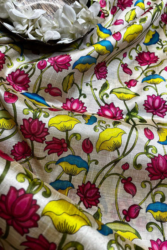 Pastel Floral Kalamkari Tussar Silk Fabric (1 Mtr)