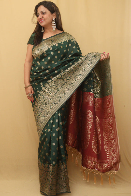 Green Banarasi Cotton Silk Saree - divyaindia 