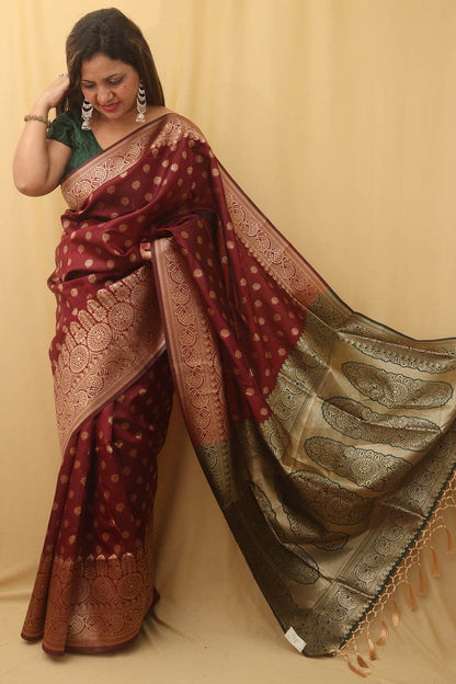 Maroon Banarasi Cotton Silk Saree - divyaindia 