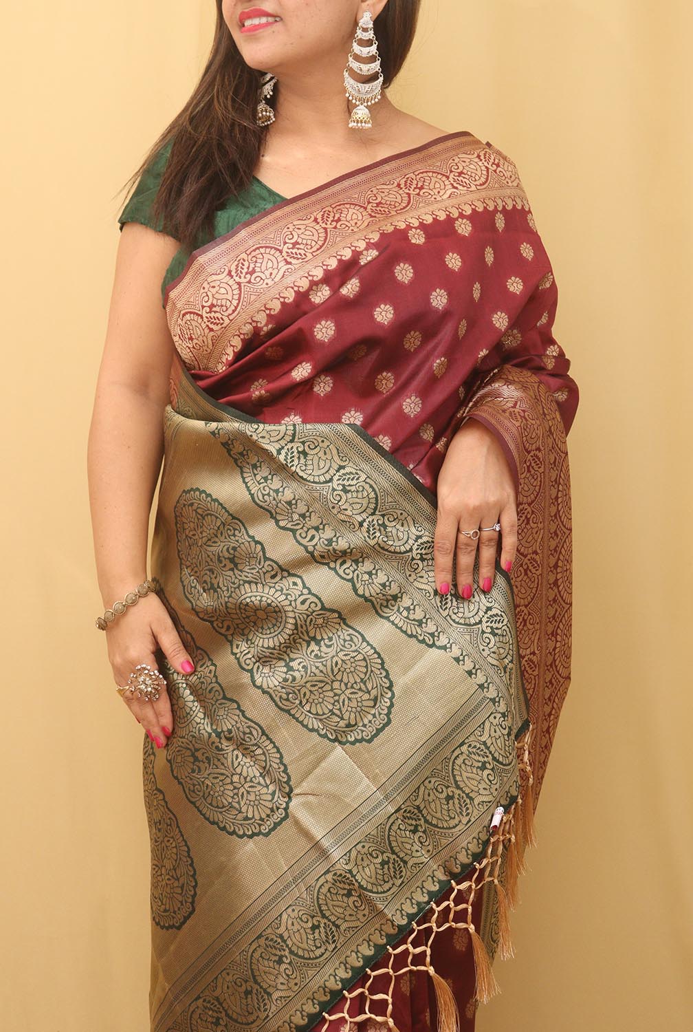 Maroon Banarasi Cotton Silk Saree - divyaindia 